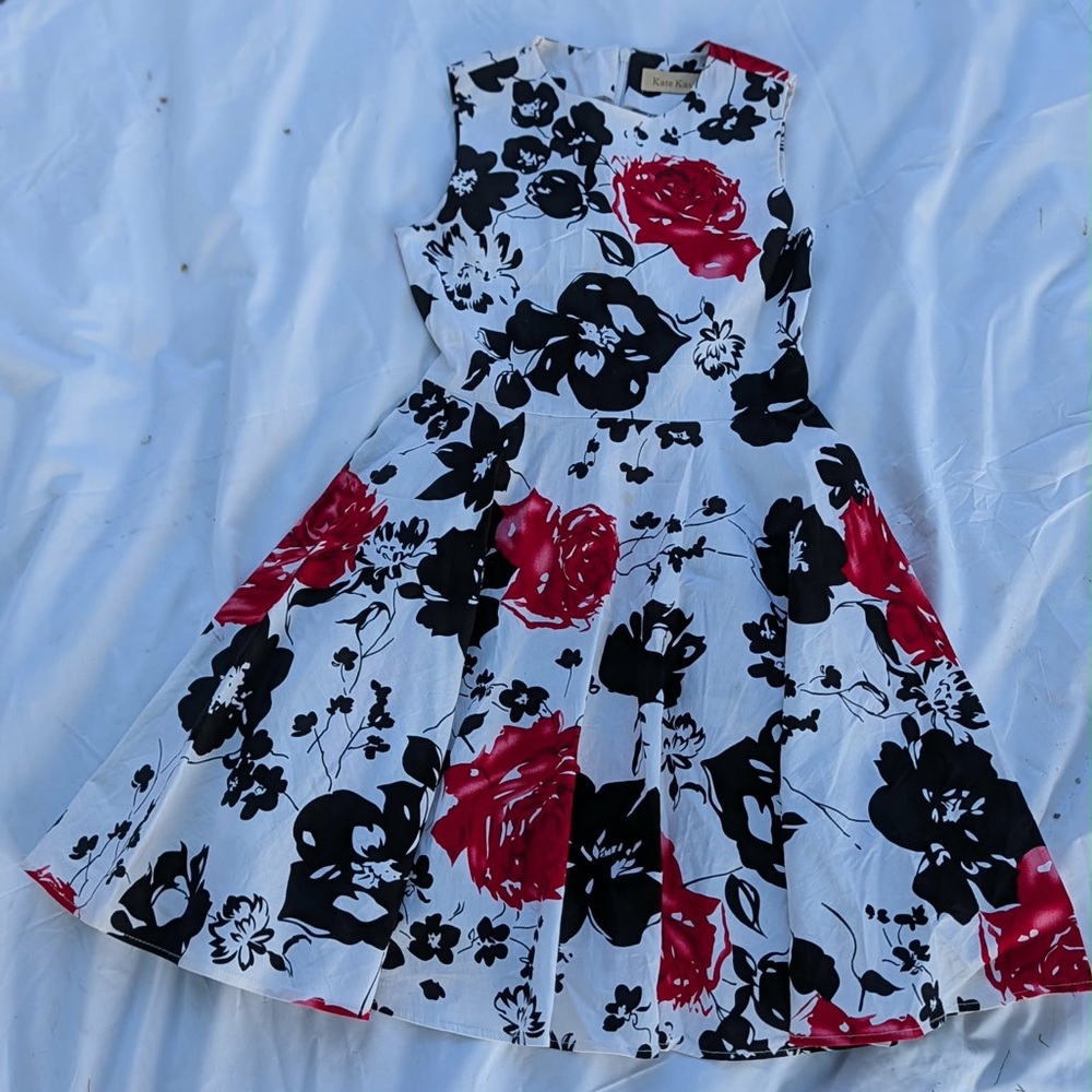 Kate Mack White Fit-and-Flare Floral Dress with Red & Black Blooms